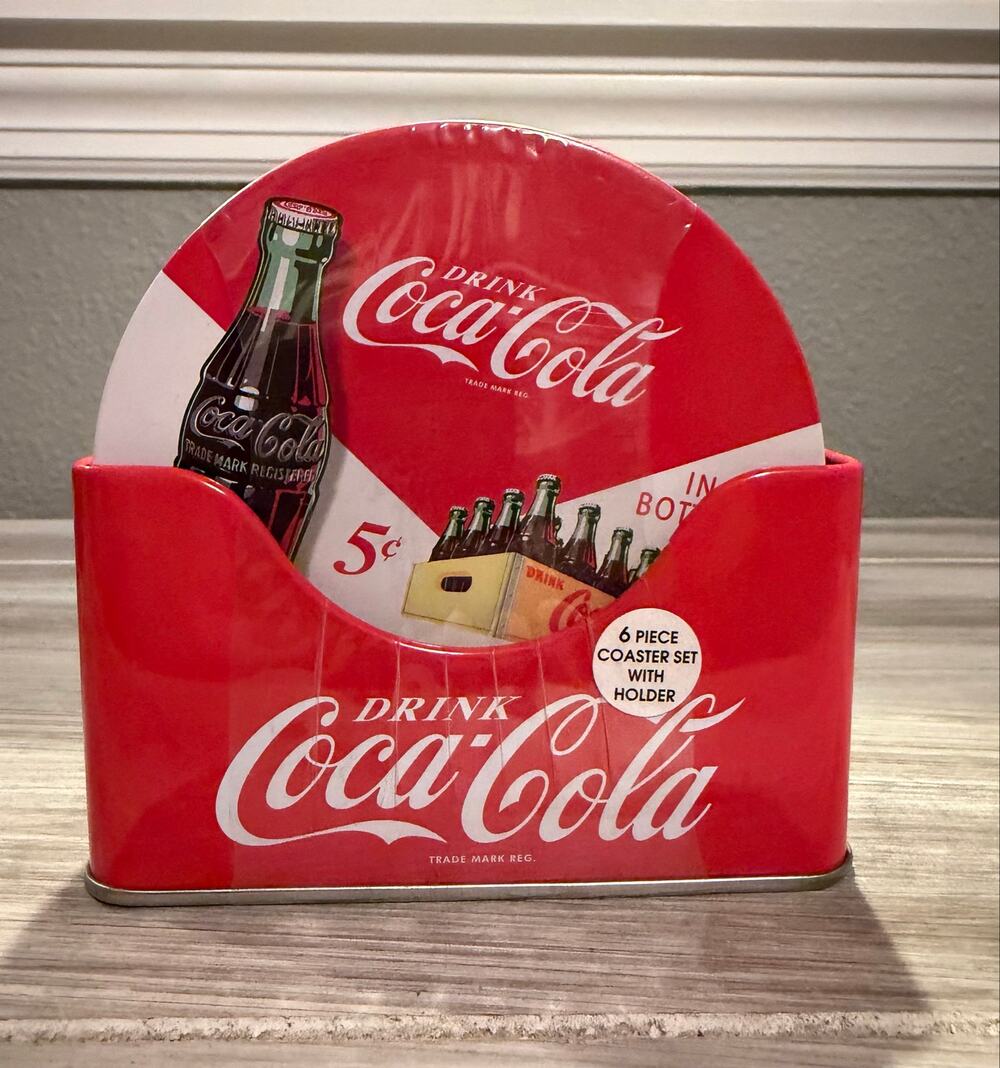 Set of 6 Retro Style Coca-Cola /  Coke Tin Coasters Cork Backed & Tin Holder NEW